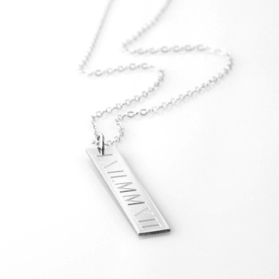 Unisex Vertical bar pendant necklace in sterling silver - Personalized nameplate engraved Roman numerals, coordinates, names & symbols