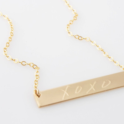 Your own or a loved ones handwriting & signature custom engraved silver,  14k rose or yellow gold filled horizontal bar nameplate necklace