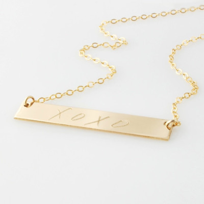 Your own or a loved ones handwriting & signature custom engraved silver,  14k rose or yellow gold filled horizontal bar nameplate necklace