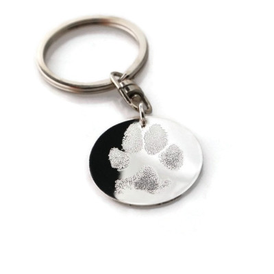 Your pet's actual paw or nose print personalized keychain on solid .925 sterling silver - dog or cat memorial pendant