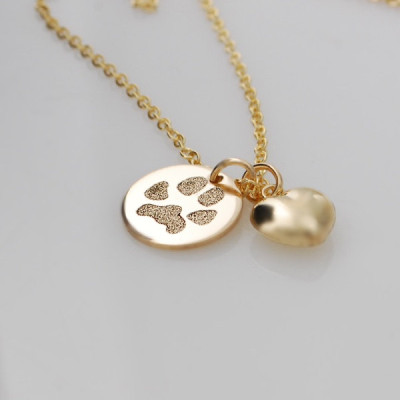 Your pet's actual paw print custom personalized pendant and puffed heart charm gold fill necklace - Various diameters - Pet memorial jewelry