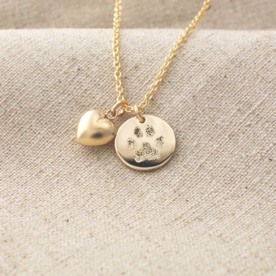 Your pet's actual paw print pendant and puffed heart charm necklace in 14k yellow gold fill or sterling silver - custom pet memorial jewelry