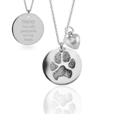 Your pet's actual paw print pendant necklace with puffed heart charm in sterling silver - Pet loss memorial jewelry Dogs, cats or any pet
