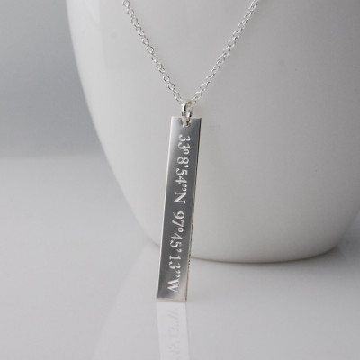 compass coordinate Unisex vertical bar pendant necklace in sterling silver  Personalized nameplate engraved Roman numerals, names & symbols