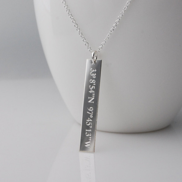 compass coordinate Unisex vertical bar pendant necklace in sterling silver  Personalized nameplate engraved Roman numerals, names & symbols