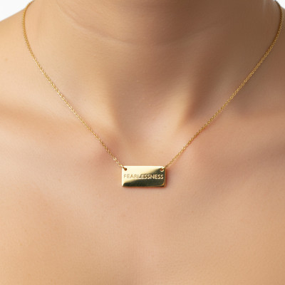 FEARLESSNESS custom engraved horizontal tag pendant necklace in 14k gold fill or sterling silver - Personalized inspirational survivor charm
