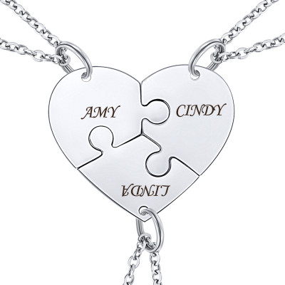 Sterling Silver Family Name Puzzle Piece Heart Necklace Set for Three