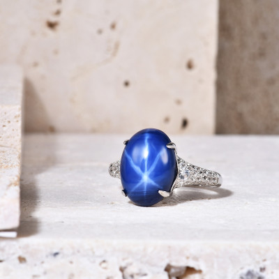 Star Sapphire Ring,Star Sapphire Cabochon Solitaire Sterling Silver