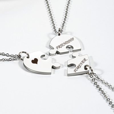 Sterling Silver Family Name Puzzle Piece Heart Necklace Set for Three