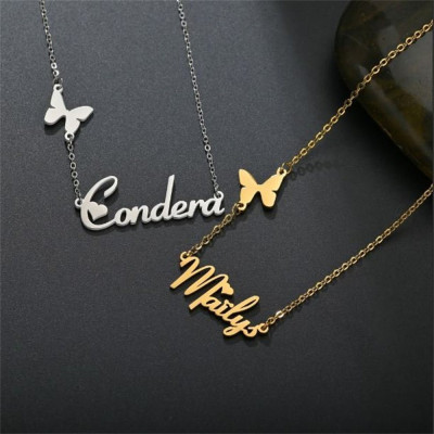 Name Necklace Silver Carrie Style Necklace with Heart and Butterfly - Personalised Gift Idea for Women Teens Girls ANY NAME Plate + Chain Style Options