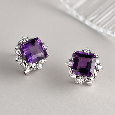 Amethyst Stud Earrings Sterling Silver, Purple, February Birthstone