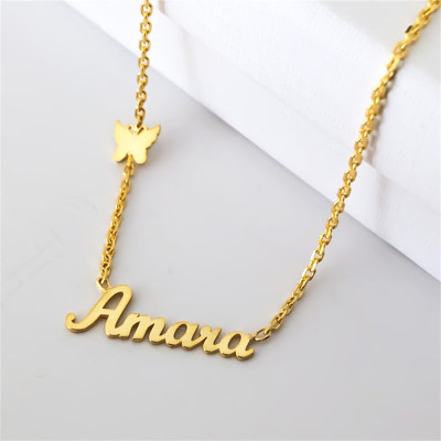 Name Necklace Silver Carrie Style Necklace with Heart and Butterfly - Personalised Gift Idea for Women Teens Girls ANY NAME Plate + Chain Style Options