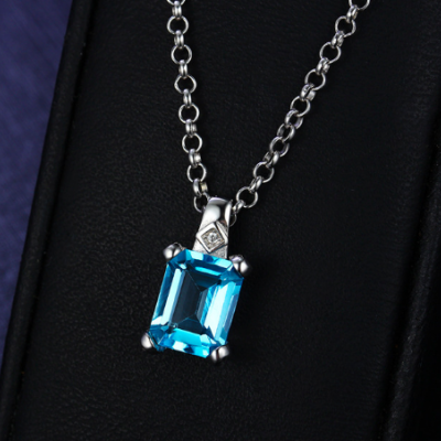 Blue Topaz Necklace, 3.00 Carat Blue Topaz Pendant, Sterling Silver, Emerald Cut, December Birthstone