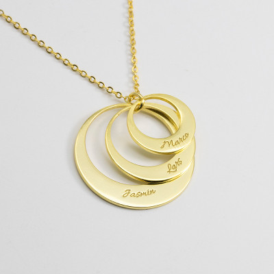 Personalized Three Ring Family Necklace - Engraved Gold Tone