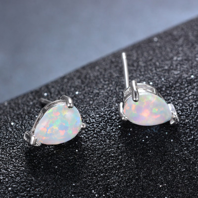 Elegant Sterling Silver Teardrop Opal Cabochon Stud Earrings