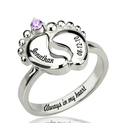 Engraved Baby Feet Ring with Birthstone Sterling Silver  - All Birthstone™