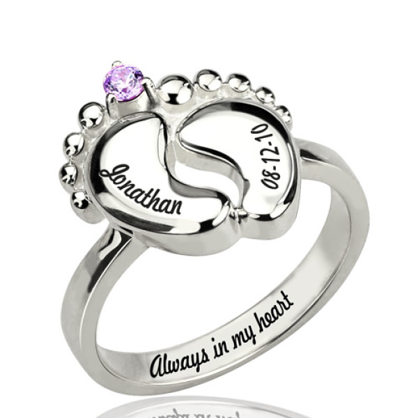 Engraved Baby Feet Ring with Birthstone Sterling Silver  - All Birthstone™