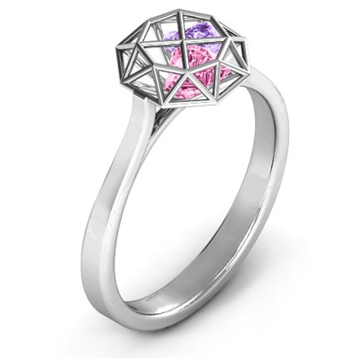 Personalised Diamond Cage Ring with Encased Heart Stones  - All Birthstone™