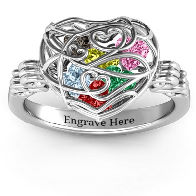 Encased in Love Caged Hearts Ring with Butterfly Wings Band - All Birthstone™