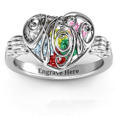 Cursive Mom Caged Hearts Ring with Butterfly Wings Band - All Birthstone™