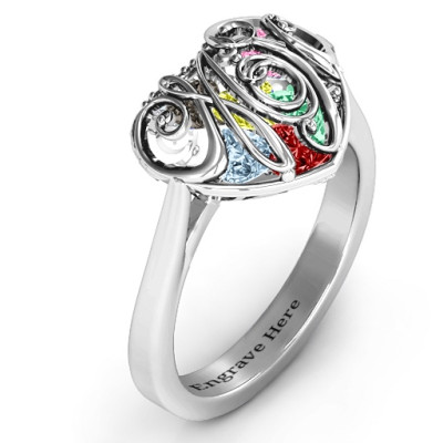 Cursive Mom Caged Hearts Ring with Ski Tip Band - All Birthstone™