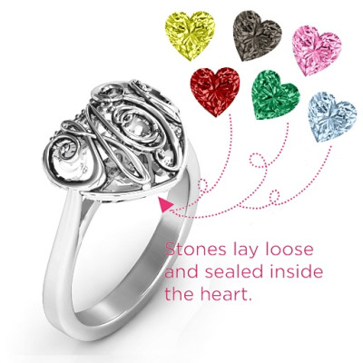 Cursive Mom Caged Hearts Ring with Ski Tip Band - All Birthstone™