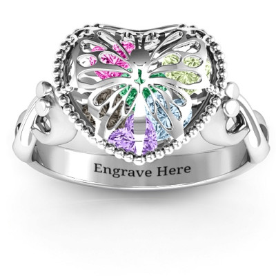 Sterling Silver Butterfly Caged Hearts Ring with Infinity Band - All Birthstone™
