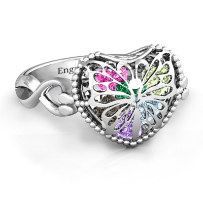 Sterling Silver Butterfly Caged Hearts Ring with Infinity Band - All Birthstone™