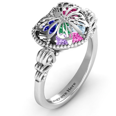 Butterfly Caged Hearts Ring with Butterfly Wings Band - All Birthstone™