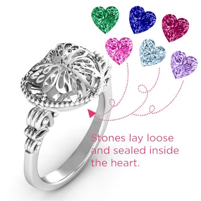 Butterfly Caged Hearts Ring with Butterfly Wings Band - All Birthstone™