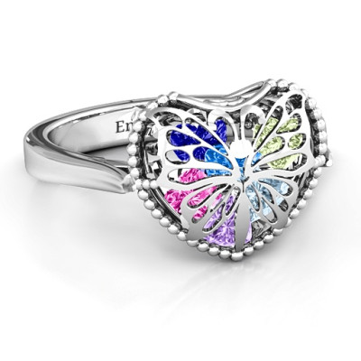 Butterfly Caged Hearts Ring with Ski Tip Band - All Birthstone™