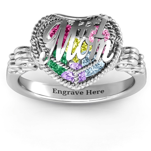#1 Mom Caged Hearts Ring with Butterfly Wings Band - All Birthstone™