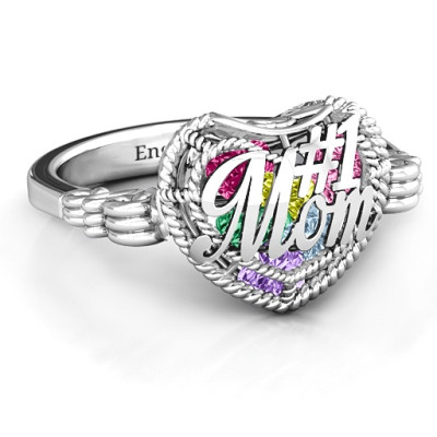 #1 Mom Caged Hearts Ring with Butterfly Wings Band - All Birthstone™
