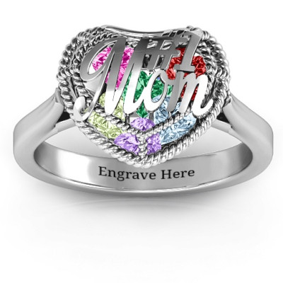 #1 Mom Caged Hearts Ring with Ski Tip Band - All Birthstone™