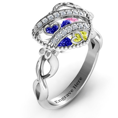 Sparkling Hearts Caged Hearts Ring with Infinity Band - All Birthstone™