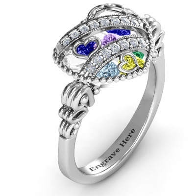 Sparkling Diamond Hearts Caged Hearts Ring with Butterfly Wings Band - All Birthstone™