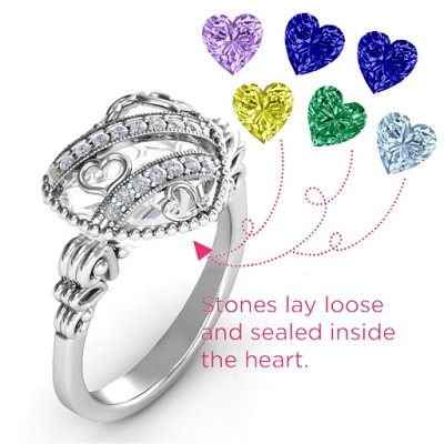 Sparkling Diamond Hearts Caged Hearts Ring with Butterfly Wings Band - All Birthstone™