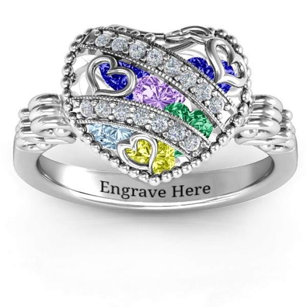 Sparkling Hearts Caged Hearts Ring with Butterfly Wings Band - All Birthstone™