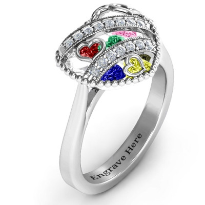 Sparkling Hearts Caged Hearts Ring with Ski Tip Band - All Birthstone™