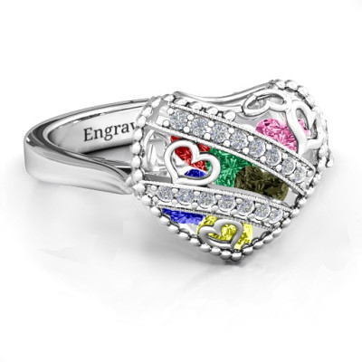 Sparkling Hearts Caged Hearts Ring with Ski Tip Band - All Birthstone™