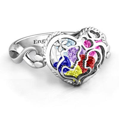 Mother and Child Caged Hearts Ring with Infinity Band - All Birthstone™