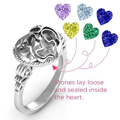 Mother and Child Caged Hearts Ring with Butterfly Wings Band - All Birthstone™