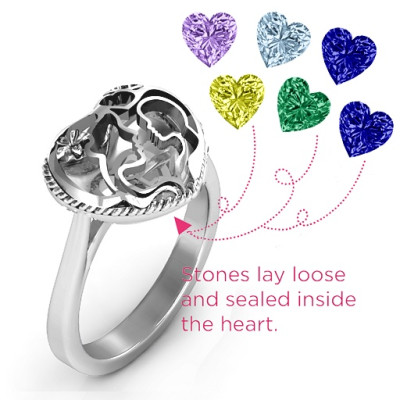 Mother and Child Caged Hearts Ring with Ski Tip Band - All Birthstone™