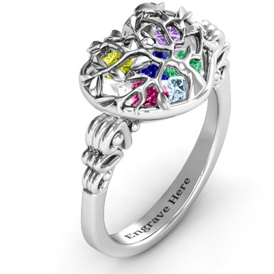 Family Tree Caged Hearts Ring with Butterfly Wings Band - All Birthstone™