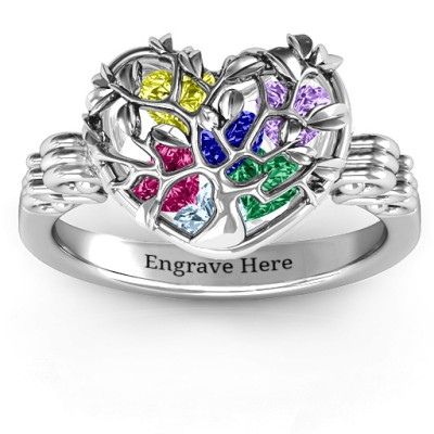 Family Tree Caged Hearts Ring with Butterfly Wings Band - All Birthstone™