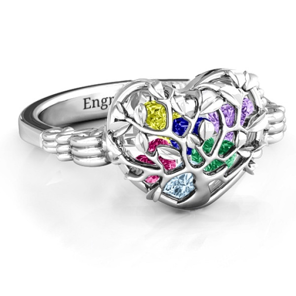 Family Tree Caged Hearts Ring with Butterfly Wings Band - All Birthstone™