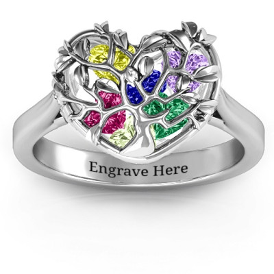 Family Tree Caged Hearts Ring with Ski Tip Band - All Birthstone™