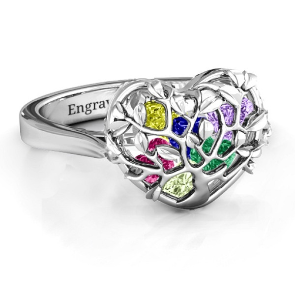 Family Tree Caged Hearts Ring with Ski Tip Band - All Birthstone™