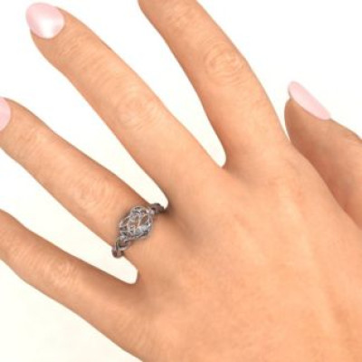 Heart Cut-out Petite Caged Hearts Ring with Classic with Engravings Band - All Birthstone™