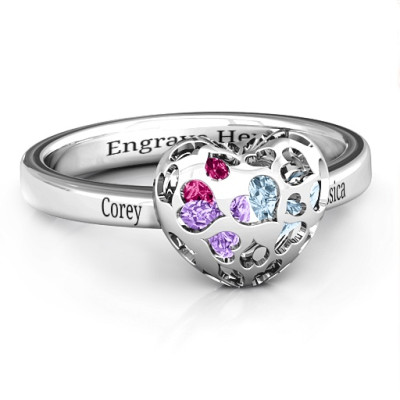 Heart Cut-out Petite Caged Hearts Ring with Classic with Engravings Band - All Birthstone™